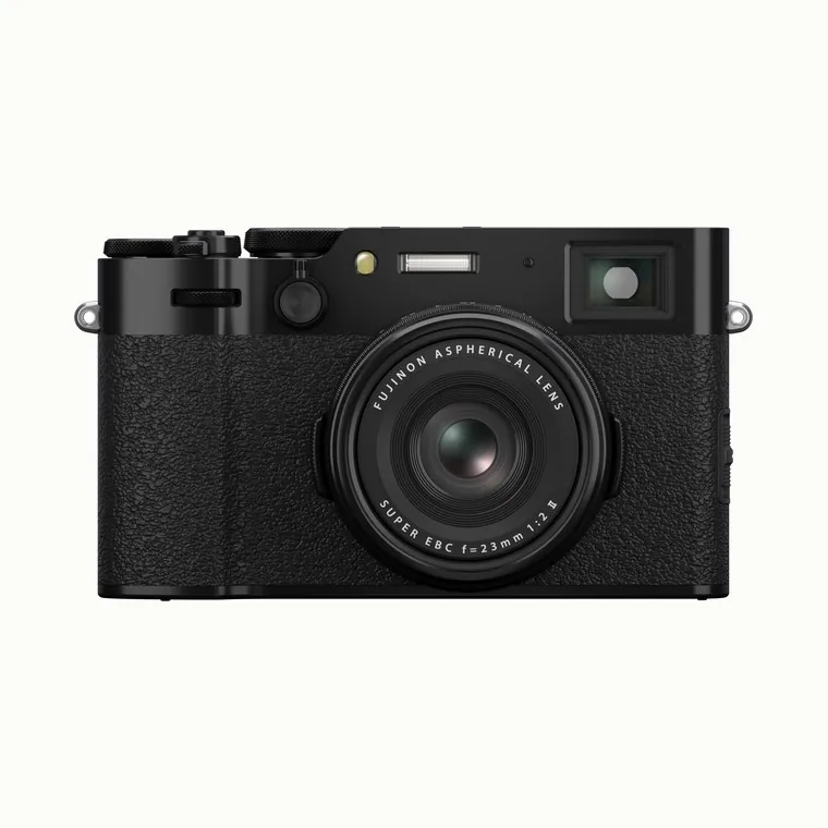 Compact fixed-lens digital camera, front view.