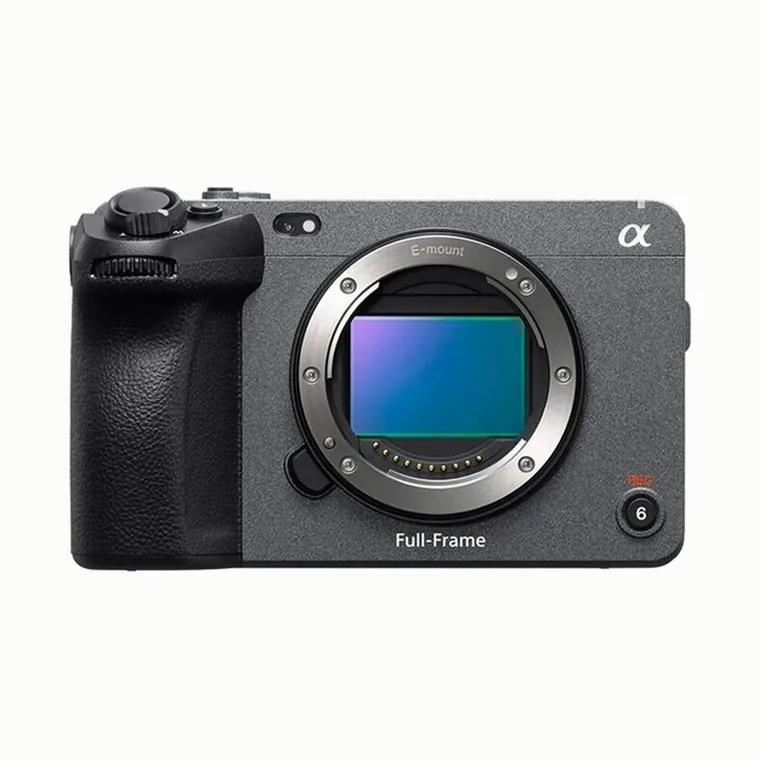 Cinema camera body, front view with the lens mount and sensor visible.