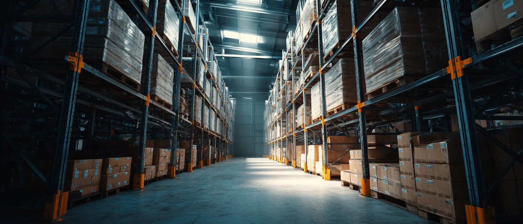 A warehouse aisle lined with steel racking and stacked cartons, daylight falling across the floor.