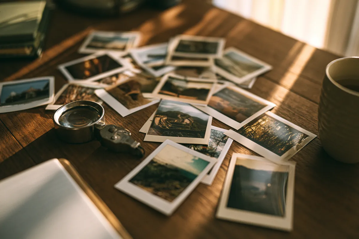 A scatter of printed photographs and a magnifying loupe on a wooden desk in warm side light.